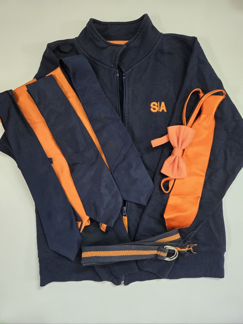 Success Academy Boys Navy Blue and Orange Zip-Up Jacket Necktie and Belt Bundle